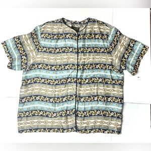 Corey B Women’s 2X 2XL 100% Silk Blouse Top Button‎ Down Vintage Gold Blue Bold